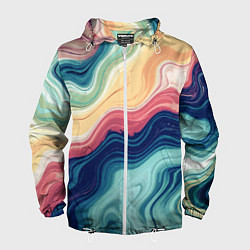 Ветровка с капюшоном мужская Абстрактные волнистые линии синий, цвет: 3D-белый