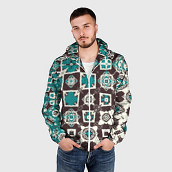 Ветровка с капюшоном мужская Бирюзово-коричневая геометрическая текстура, цвет: 3D-белый — фото 2
