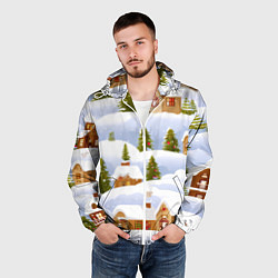 Ветровка с капюшоном мужская Новогодние домики и елочки, цвет: 3D-белый — фото 2