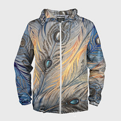 Ветровка с капюшоном мужская Синие перья с самоцветами, цвет: 3D-белый