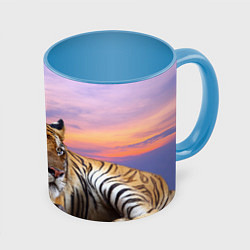 Кружка 3D Тигр на закате, цвет: 3D-белый + небесно-голубой