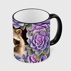 Кружка 3D Енот среди цветов, цвет: 3D-черный кант