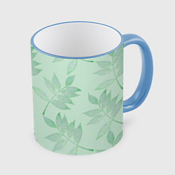 Кружка 3D Зеленые листья, цвет: 3D-небесно-голубой кант