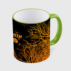 Кружка 3D HALLOWEEN FOREST BATS ЛЕТУЧИЕ МЫШИ В ЛЕСУ ХЕЛЛОУИН, цвет: 3D-светло-зеленый кант