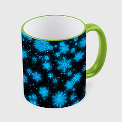 Кружка 3D НОВОГОДНИЕ НЕОНОВЫЕ СНЕЖИНКИ 2022 НОВЫЙ ГОД, цвет: 3D-светло-зеленый кант