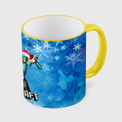 Кружка 3D НОВЫЙ ГОД В МАЙНКРАФТ, СНЕЖИНКИ, 2022, цвет: 3D-желтый кант