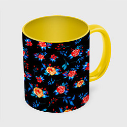 Кружка 3D Яркие розы на черном фоне, цвет: 3D-белый + желтый