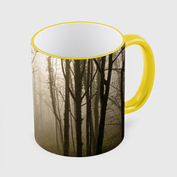 Кружка 3D Туманный лес на восходе, цвет: 3D-желтый кант