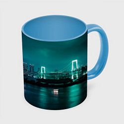 Кружка 3D Неоновый город с рекой - Светло-зелёный, цвет: 3D-белый + небесно-голубой