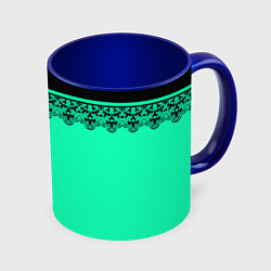 Кружка 3D Черные кружева на ярком неоновом зеленом фоне lace, цвет: 3D-белый + синий
