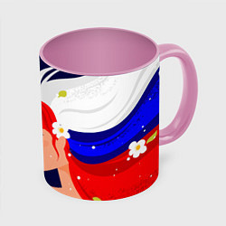 Кружка 3D Русская девушка с триколором на волосах, цвет: 3D-белый + розовый