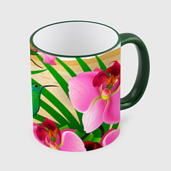 Кружка 3D Колибри и орхидеи, цвет: 3D-зеленый кант