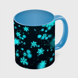 Кружка 3D Неоновые снежинки на черном фоне, цвет: 3D-белый + небесно-голубой
