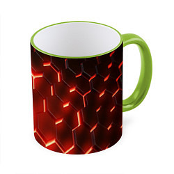 Кружка 3D Светящиеся красным светом шестиугольники, цвет: 3D-светло-зеленый кант