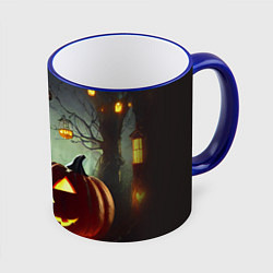 Кружка 3D Тыква на Хэллоуин в ночном туманном лесу, цвет: 3D-синий кант