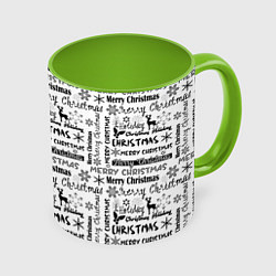 Кружка 3D Черно белый рождественский текстовый узор, цвет: 3D-белый + светло-зеленый