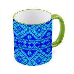 Кружка 3D Сине-голубые узоры - вышивка, цвет: 3D-светло-зеленый кант