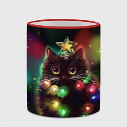 Кружка 3D Новогодний котик с гирляндой, цвет: 3D-красный кант — фото 2