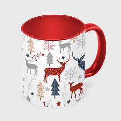 Кружка 3D Олени в новогоднем лесу, цвет: 3D-белый + красный