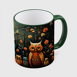 Кружка 3D Совы в стиле Folk Art, цвет: 3D-зеленый кант