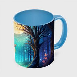 Кружка 3D Волк в ночном лесу в folk art стиле, цвет: 3D-белый + небесно-голубой
