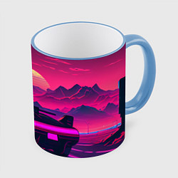 Кружка 3D Синтвейв закат с автомобилем, цвет: 3D-небесно-голубой кант