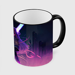 Кружка 3D Cyber girl in purple light, цвет: 3D-черный кант