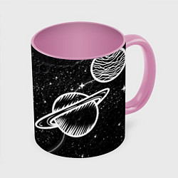 Кружка 3D Черно-белый Сатурн, цвет: 3D-белый + розовый