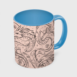Кружка 3D Дракон - унесенные призраками: тату на бежевом, цвет: 3D-белый + небесно-голубой