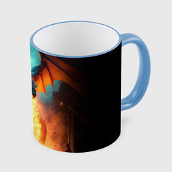 Кружка 3D Огненный дракон и рыцарь, цвет: 3D-небесно-голубой кант