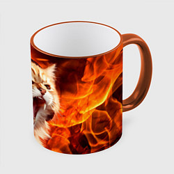 Кружка 3D Кот пламенный меломан, цвет: 3D-оранжевый кант