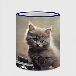 Кружка 3D Серый котенок, винтажное фото, цвет: 3D-синий кант — фото 2