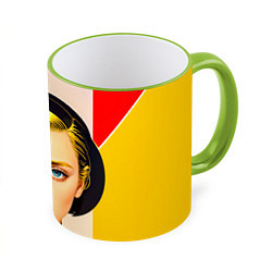 Кружка 3D Девушка с жёлтыми волосами конструктивизм, цвет: 3D-светло-зеленый кант