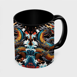 Кружка 3D Дракон на волнах в японском стиле арт, цвет: 3D-белый + черный