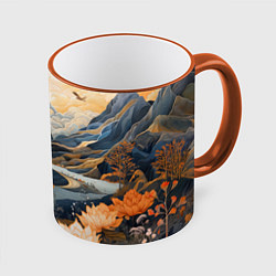 Кружка 3D Солнечное утро в цветущих горах, цвет: 3D-оранжевый кант