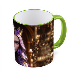 Кружка 3D Девушка с фиолетовыми волосами в короне, цвет: 3D-светло-зеленый кант
