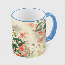Кружка 3D Тигровые лилии - японский стиль, цвет: 3D-небесно-голубой кант
