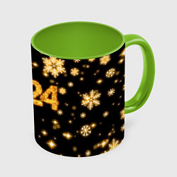 Кружка 3D Новый 2024 год - золотые снежинки, цвет: 3D-белый + светло-зеленый