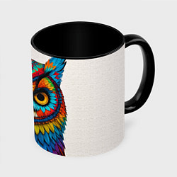Кружка 3D Сова желтоглазая с разноцветными перьями, цвет: 3D-белый + черный