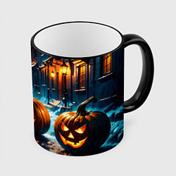 Кружка 3D Темная ночная улица и жуткие тыквы, цвет: 3D-черный кант