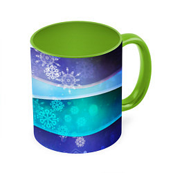 Кружка 3D Абстрактный синий волнистый фон со снежинками, цвет: 3D-белый + светло-зеленый