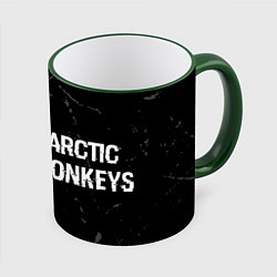 Кружка 3D Arctic Monkeys glitch на темном фоне по-горизонтал, цвет: 3D-зеленый кант