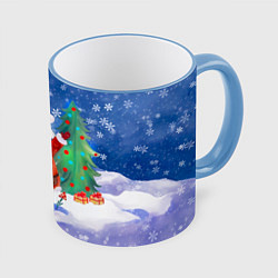 Кружка 3D Дед Мороз с мешком и елкой, цвет: 3D-небесно-голубой кант