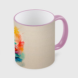 Кружка 3D Новогодняя ель акварелью на холсте, цвет: 3D-розовый кант