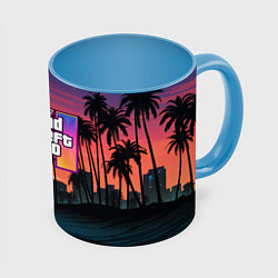 Кружка 3D GTA 6 лого на фоне заката, цвет: 3D-белый + небесно-голубой