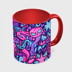 Кружка 3D Узор розово-фиолетовый черепа и сердца, цвет: 3D-белый + красный