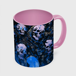 Кружка 3D Синие черепа на чёрном фоне, цвет: 3D-белый + розовый