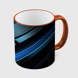 Кружка 3D Черная абстракция с синим неоновым ярким свечением, цвет: 3D-оранжевый кант