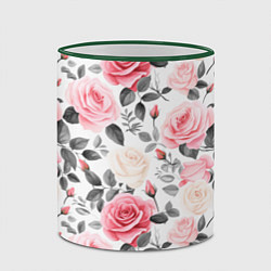Кружка 3D Розовые розы и серые листочки - паттерн, цвет: 3D-зеленый кант — фото 2