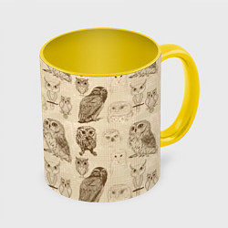 Кружка 3D Эскизы сов тетрадный лист в клетку, цвет: 3D-белый + желтый